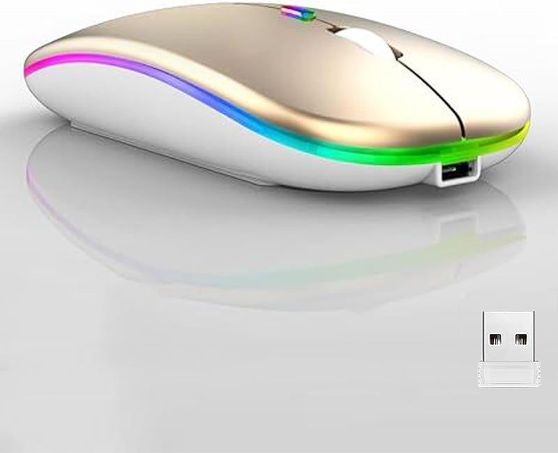 Guiheng Wireless Bluetooth Mouse,LED Dual Mode Rechargeable Silent Slim Laptop Mouse,Portable(BT5.2+USB Receiver) Dual Mode Computer Mice,for Laptop,Desktop Computer,ipad Tablet,Phone,TV (Gold) - Image 1